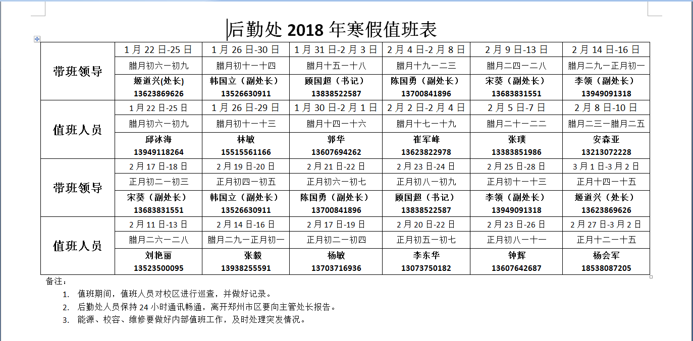 后勤处2018年寒假值班表